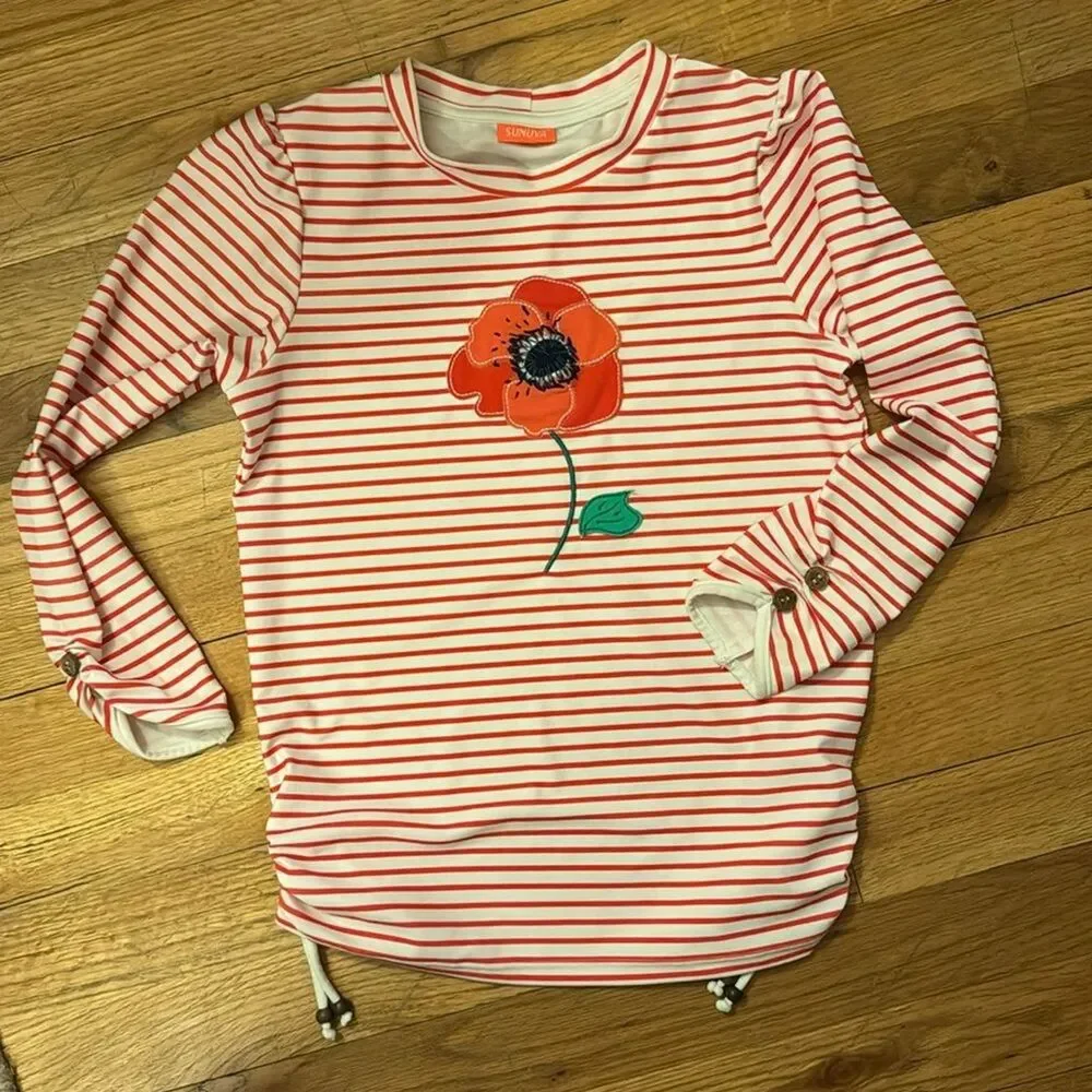 Sunuva girls red and white striped poppy swim rash guard 9-10